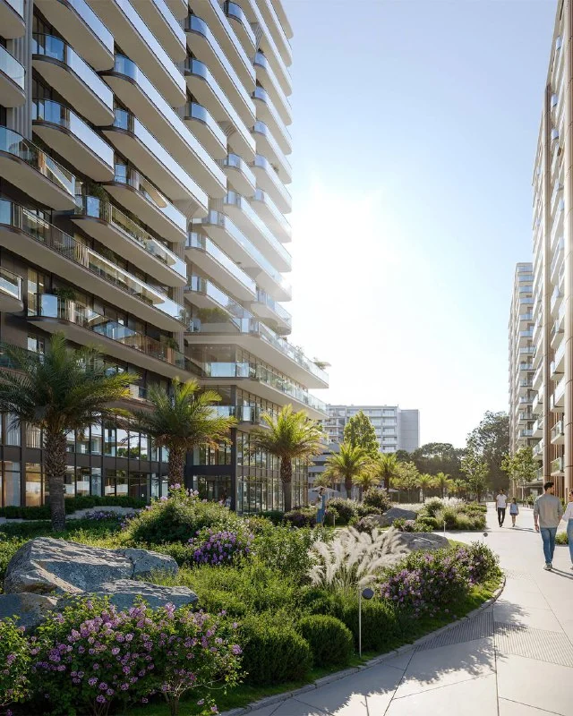Визуализация из поста «YES Apartments»: сад с камнями и дорожка между корпусами
