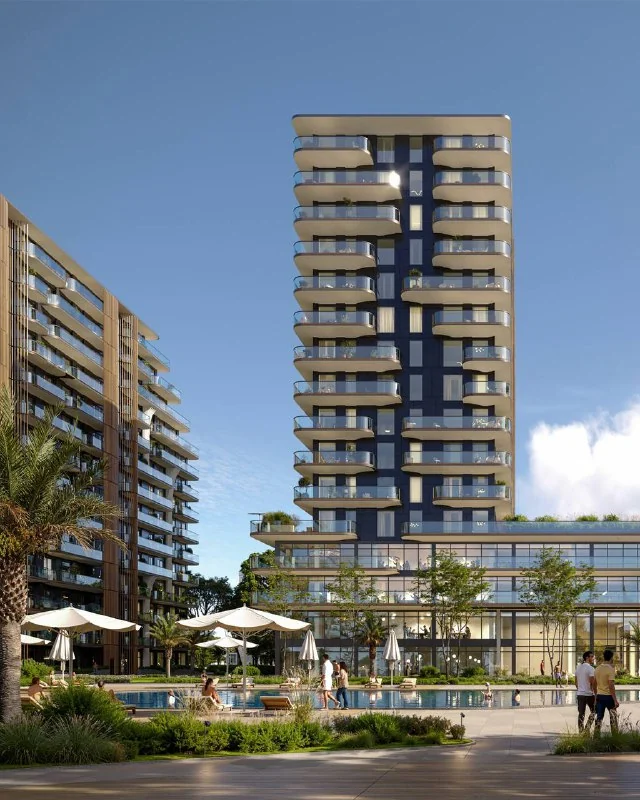 Визуализация из поста «YES Apartments»: тёмно-синяя башня над галереей и бассейном